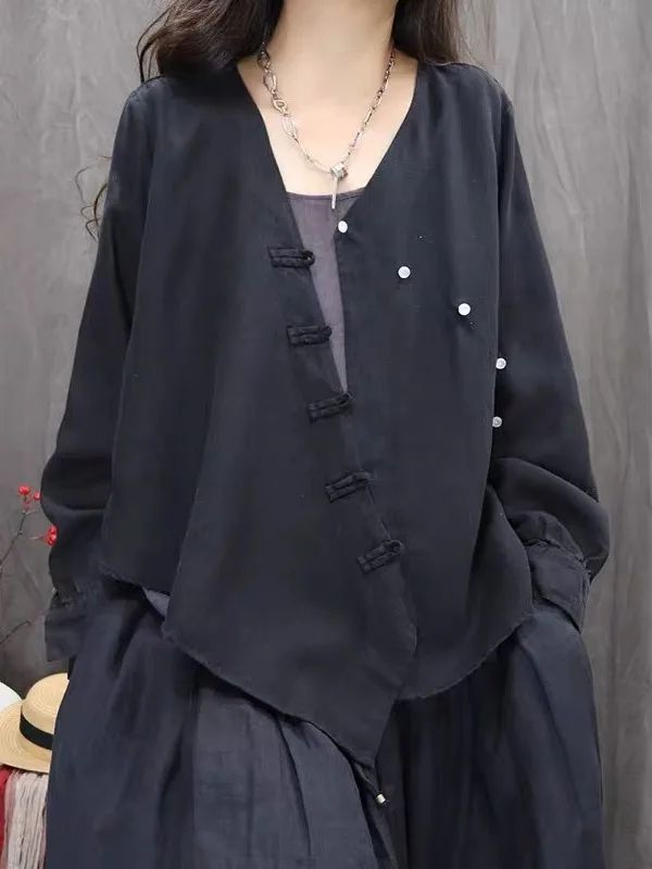 

Ретро-рубашка из хлопка и льна в стиле дзен, однотонная, большого размера, женская, с косыми пуговицами, украшенная жемчугом, с V-образным вырезом, длинными рукавами, асимметричная.