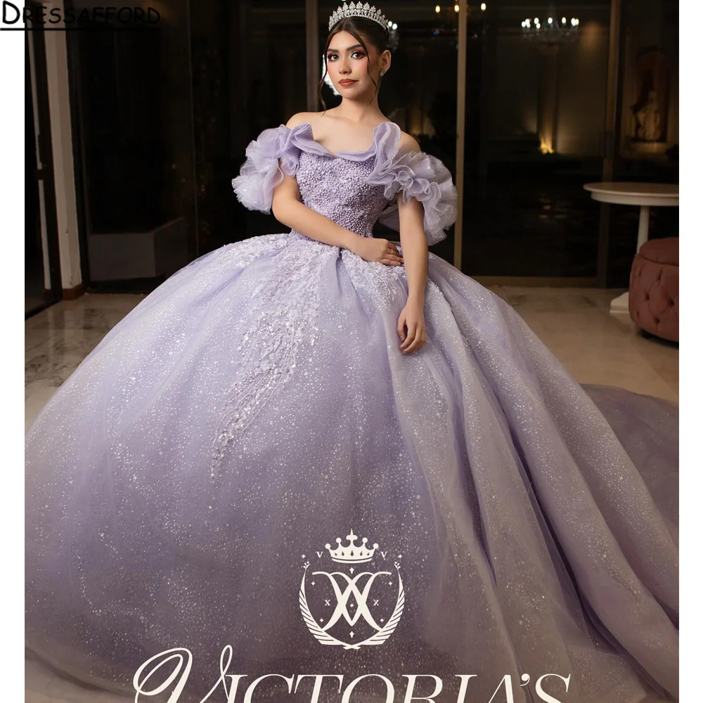 

Shiny Lavender Quinceanera Dresses With Bow Floral Lace Off-Shoulder Vestidos De 15 Anos Birthday Party Customized