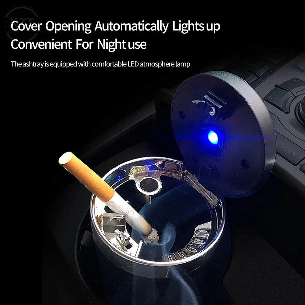 Car Ashtray With LED Light Universal Alloy Ash Tray Cup with Lid Smokeless Auto Ashtray Flame Retardant Cigarette Holder Box Bin