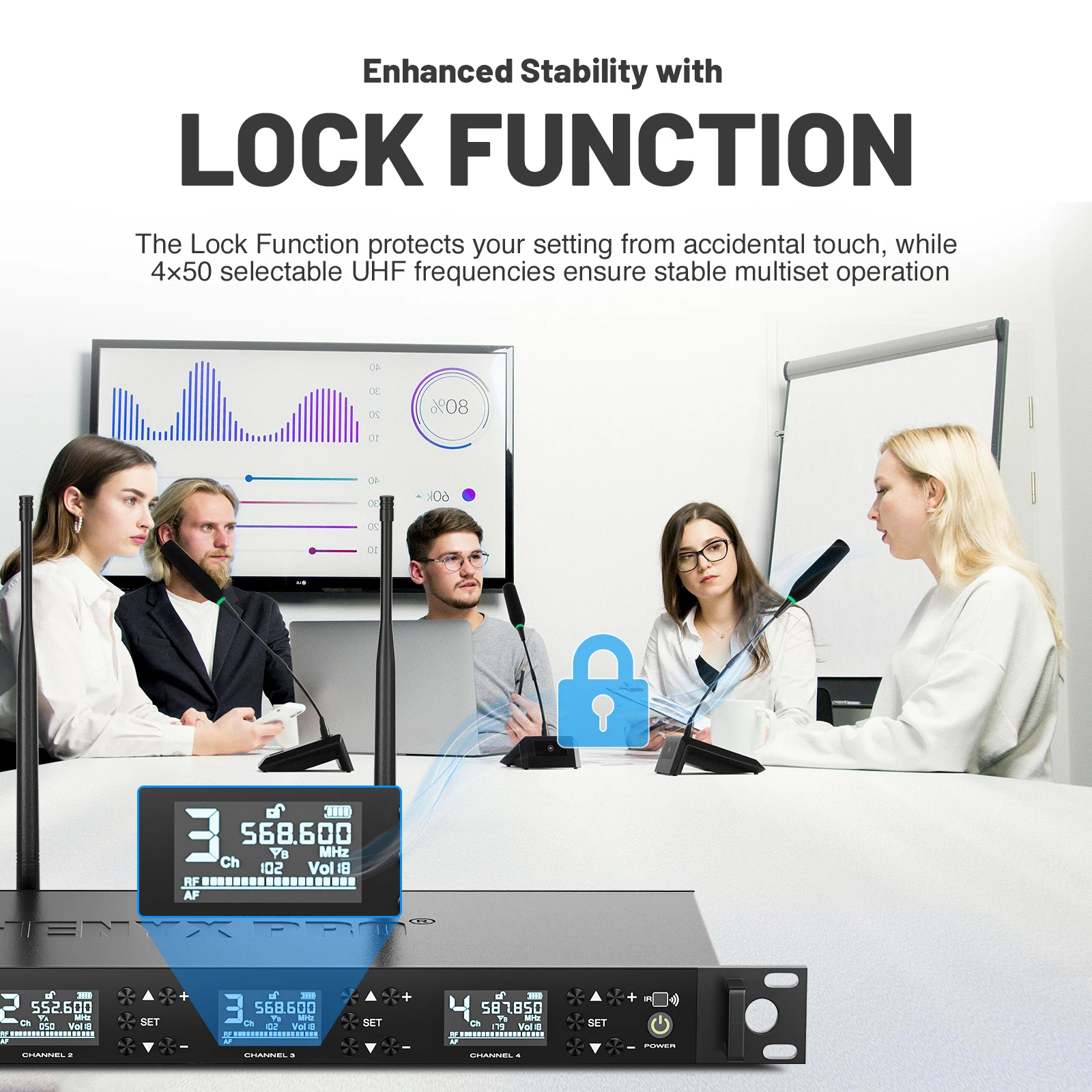 Беспроводная конференц-микрофонная система Phenyx Pro PTC-4, частоты 4x50 UHF, автоматическое сканирование, 4 микрофона на гибкой стойке