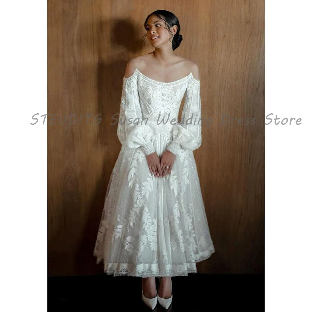 Simple Wedding Dresses Off The Shoulder High Quality A Line Three Quarter Tea Length Marry Female Banquet Celebrity Gowns New