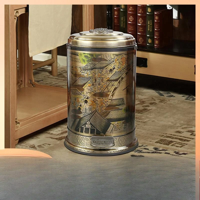 

Chinese creative retro trash can household with lid high-end luxury living room bathroom kitchen high value