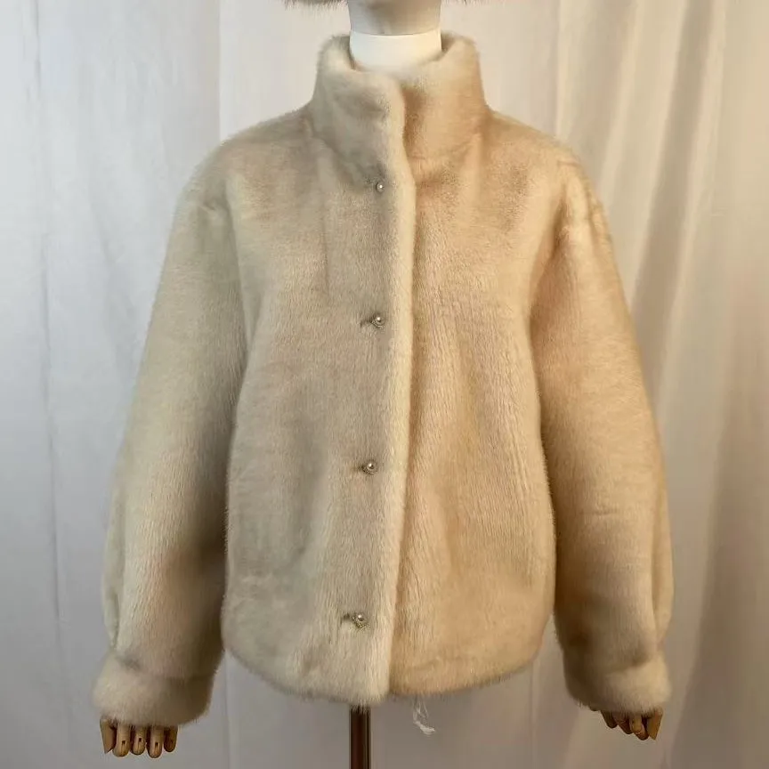 Winter Women's Faux Mink Fur Jacket American Casual Fashion Stand Up Collar Pearl Single Breasted Warm Plush Thicken Overcoat