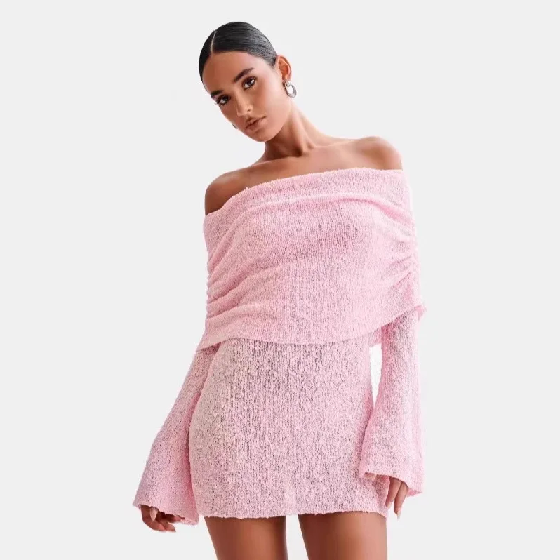 

Women Knitted Beach Dress Off Shoulder Sexy Sheer Long Sleeve Crochet Maxi Dress Summer Vacation Boho Holiday Party Night Out