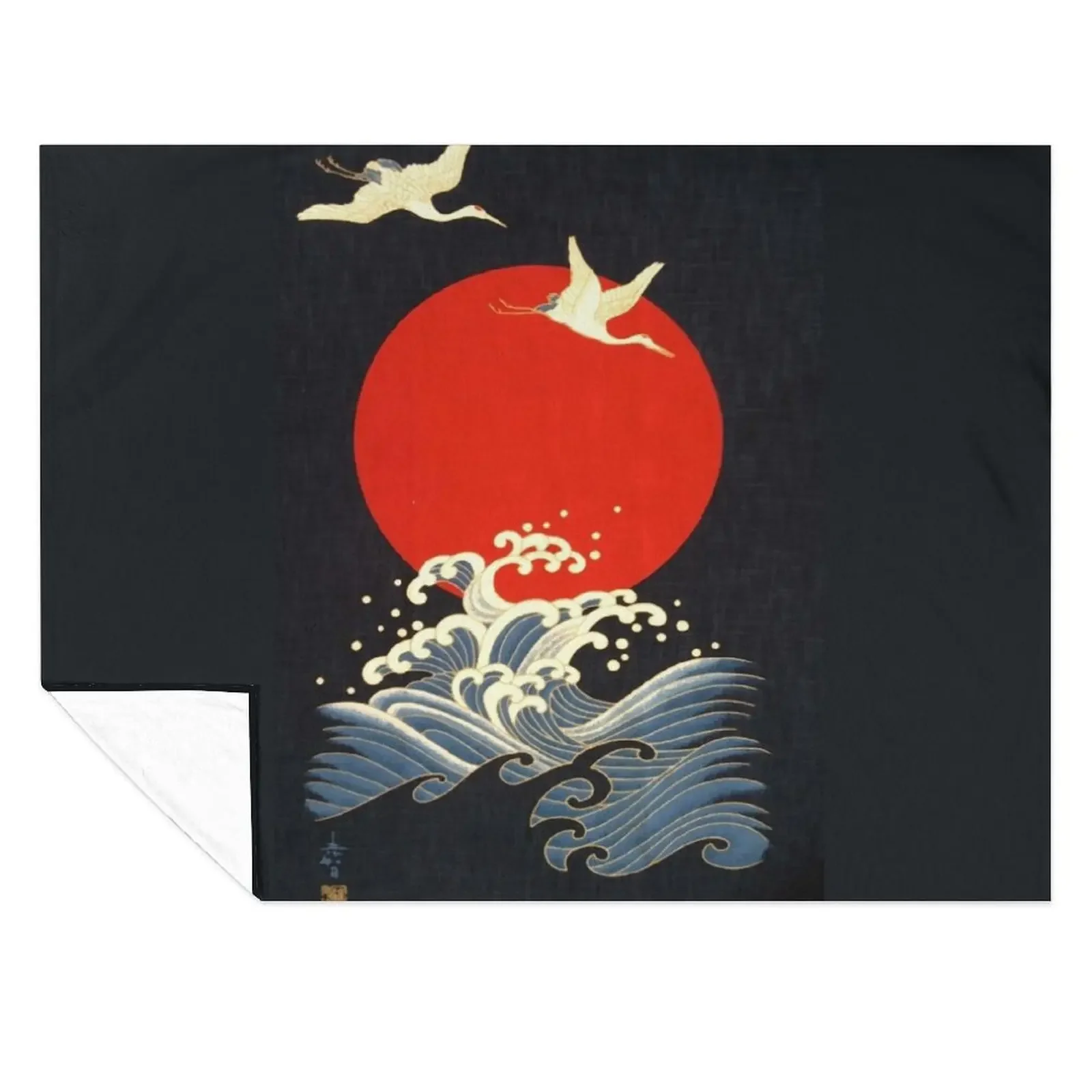 

RED SUN ,FLYING CRANES AND SEA WAVES IN BLACK Throw Blanket for sofa Extra Large Throw Sofa Throw Fashion Sofas Blankets