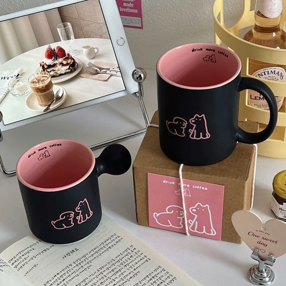 

Розовая, черная матовая кружка для щенка, керамическая чашка для пары, устойчивая к высоким температурам, домашняя кофейная чашка для завтрака, чашка с прямой трубкой