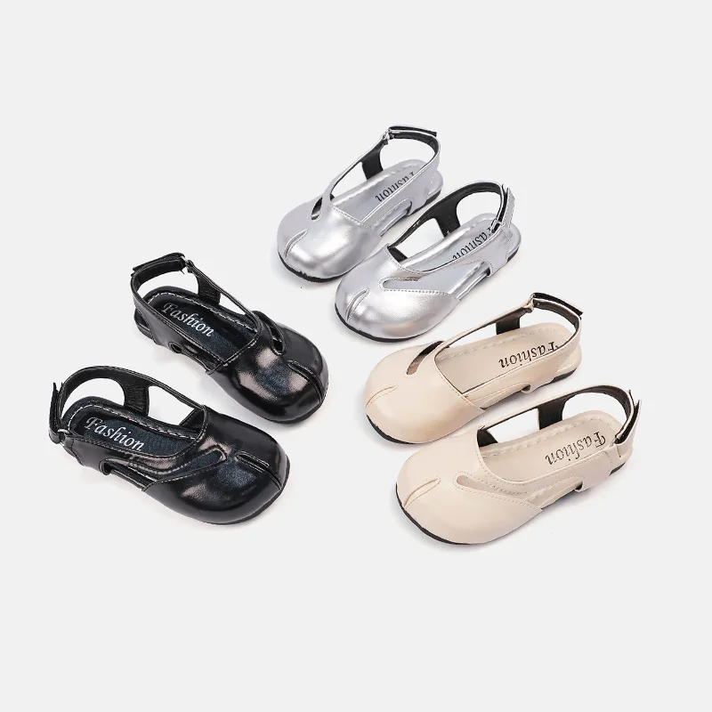 Kids Split Toe T-strap Slingback Sandals, Shiny Leather Adjustable Back Buckle Soft Flat Sole Daily Matching Dress Shoes