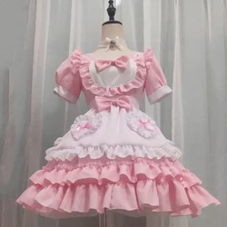 Sweet Lolita Maid Dress Japanese Kawaii Pink Cosplay Costume with Detachable Apron 3D Bow Bustle Tiered Ruffles for Anime Conven