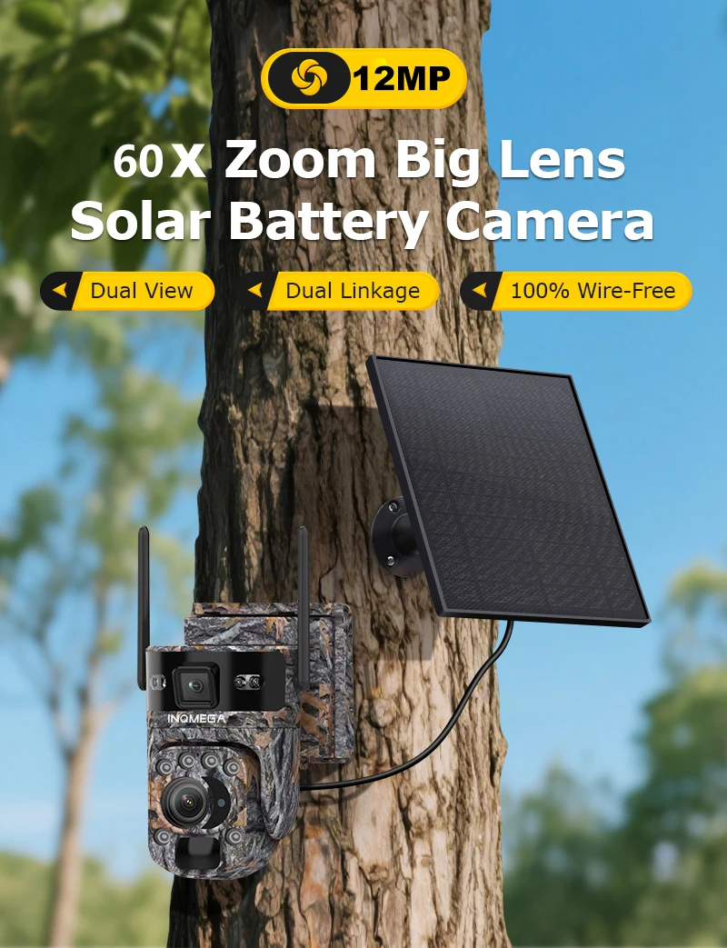INQMEGA 12MP 4G/ WiFi Solar Security Camera 60X Zoom Outdoor Camouflage PTZ Battery Cam CCTV Surveillance Solar Camera Ubox APP