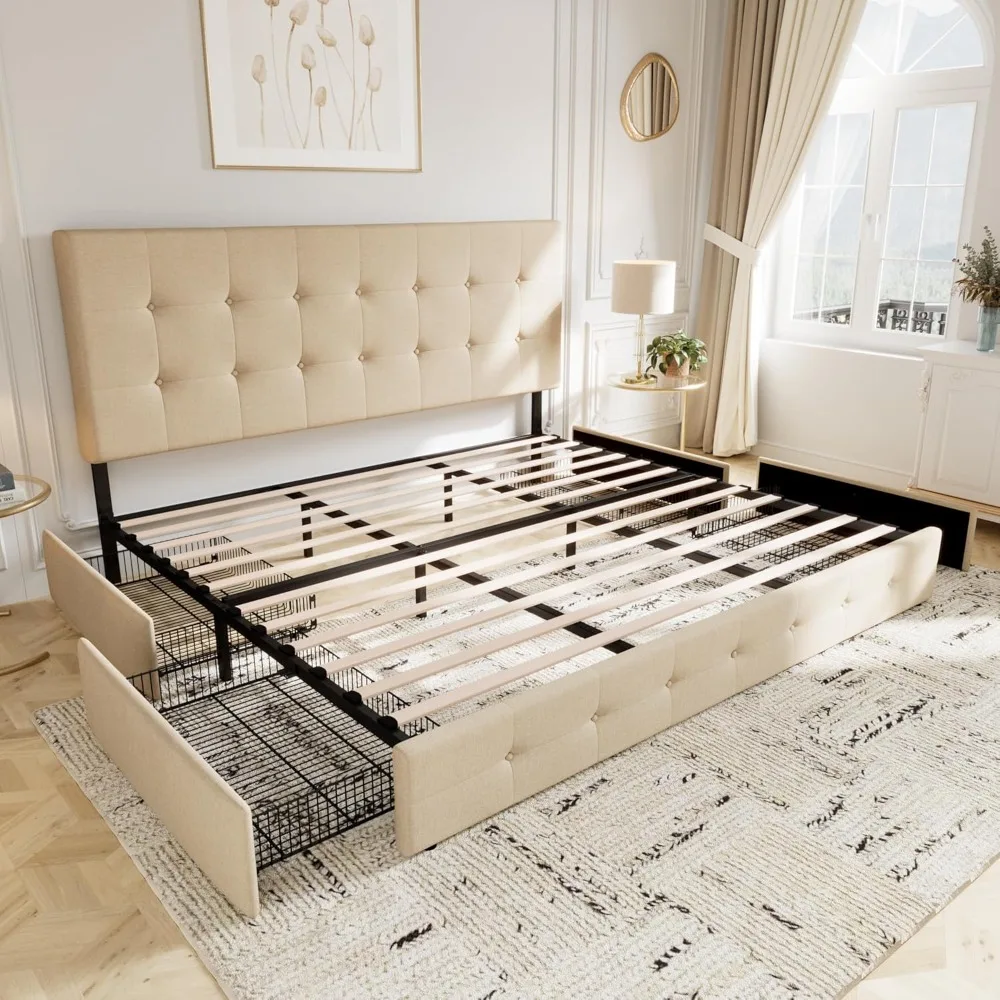 King Size Platform Bed Frame with 4 Storage Drawers and Headboard, Diamond Stitched Button Tufted, Mattress Foundation