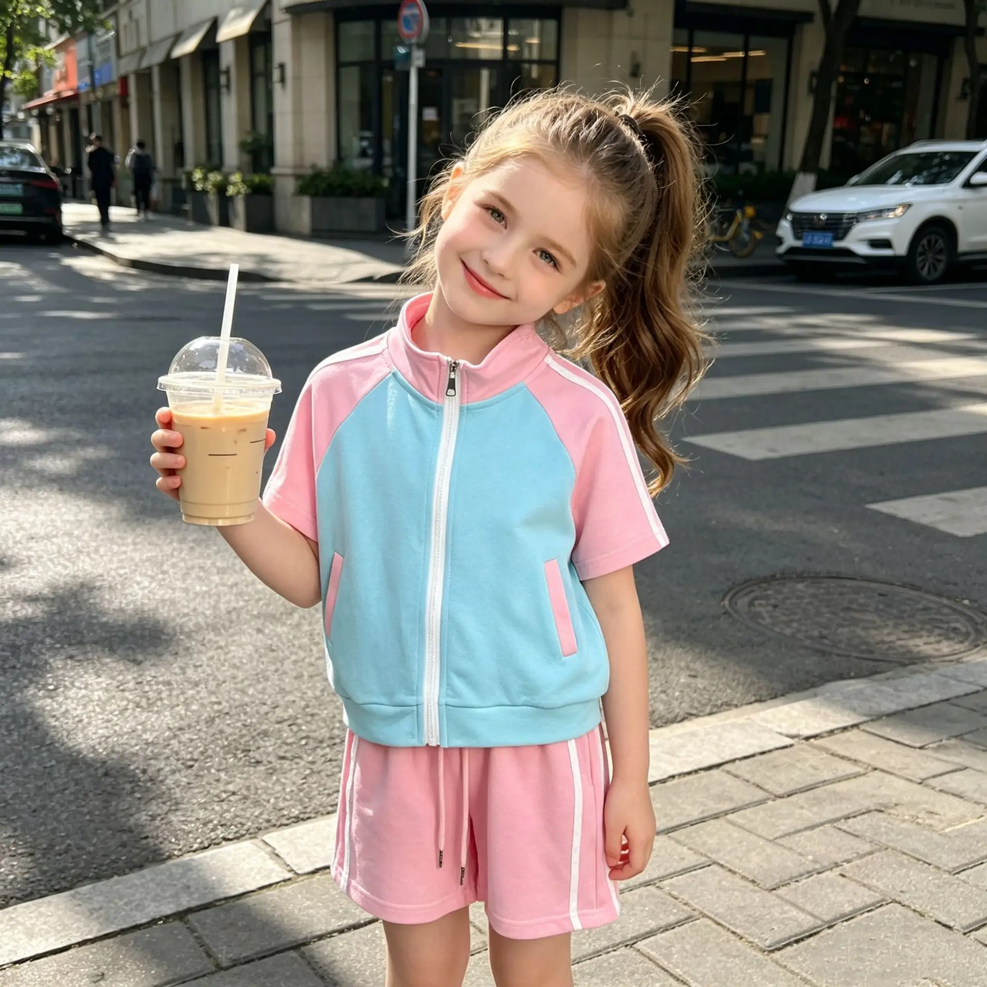 baby girls sport clothes suit color blocking casual zipper short sleeved cardigan+drawstring shorts 2pcs teen kids outfits set