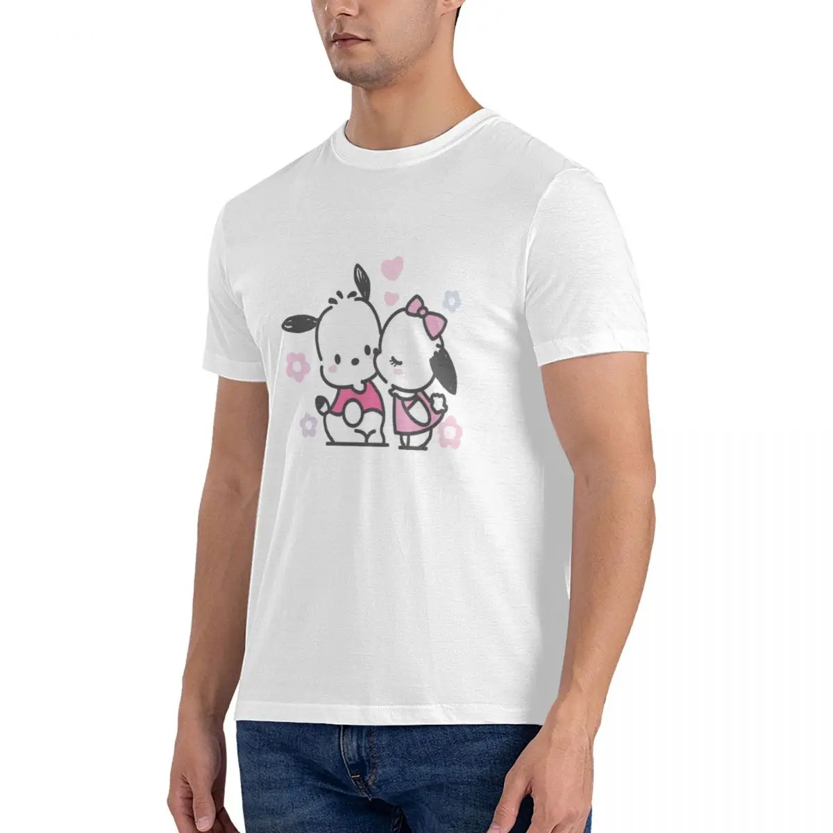 Men's T-Shirt Sanrio Cartoon Character Crazy Cotton Tee Shirt Short Sleeve Pochacco T Shirts Crewneck Tops New Arrival