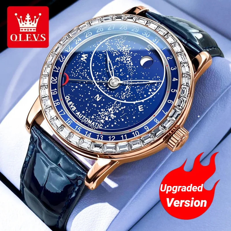 

OLEVS 9923 Upgraded Men's Automatic Mechanical Watch Rotating Second Moon phase Blue Starry Sky Luminous Waterproof Wristwatch