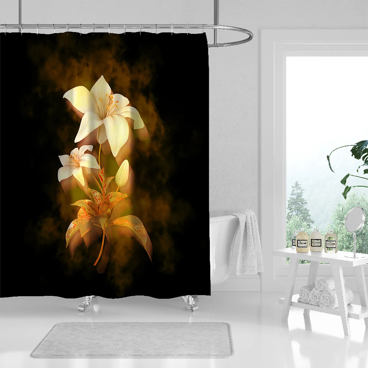 Golden Lily Shower Curtain Set Cute Shower Curtain Bathroom Decoration with Plastic Hook Suitable for Home Hotel Machine Wash