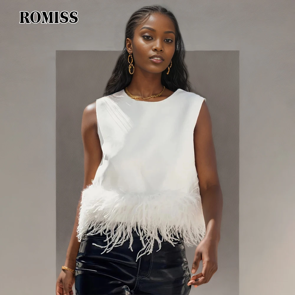 

ROMISS solid color stitching feather casual loose vest Women's round neck sleeveless pure color female fashion new