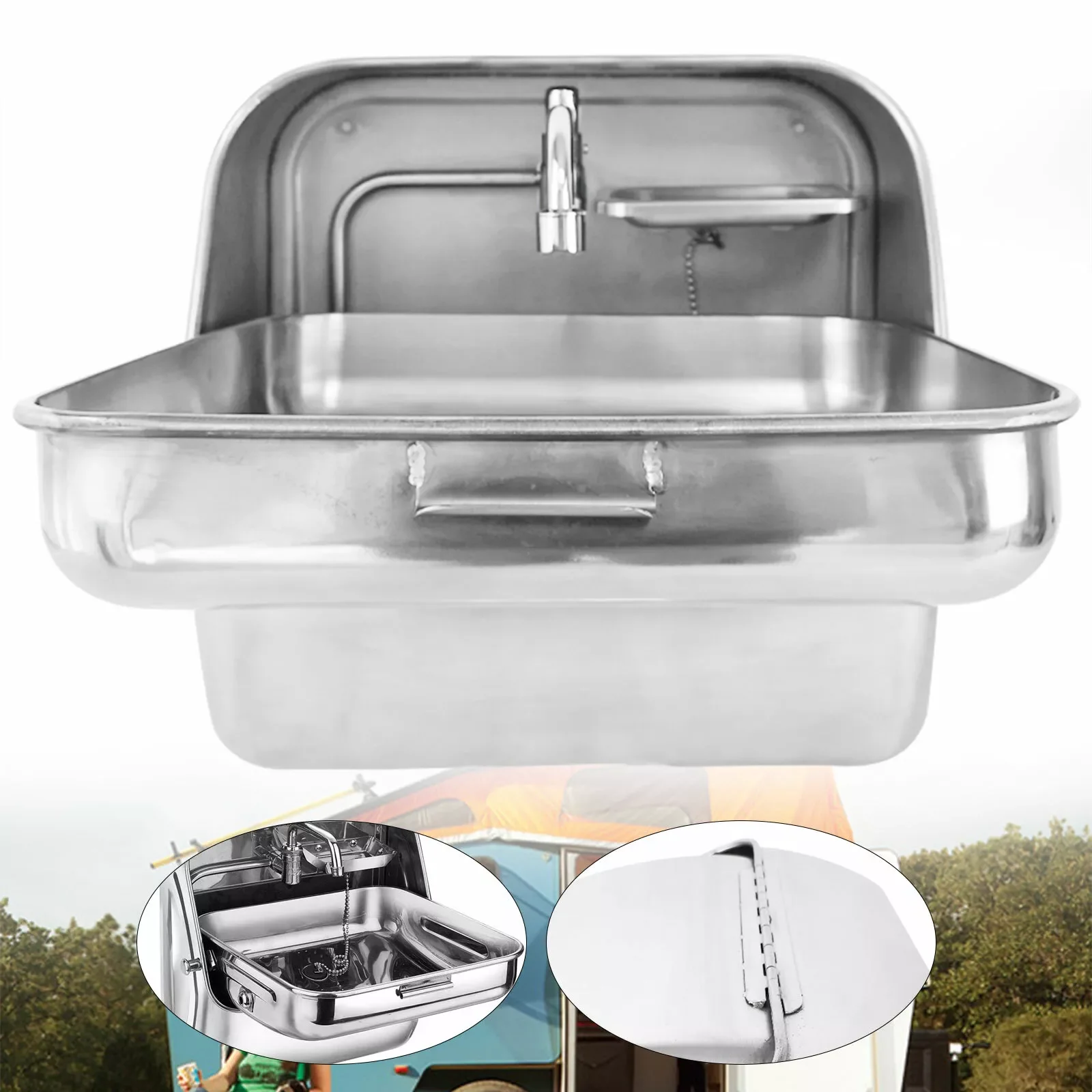 Wall Mounted Folding Sink W/ Lid Caravan Boat RV Camper 304 Stainless Steel