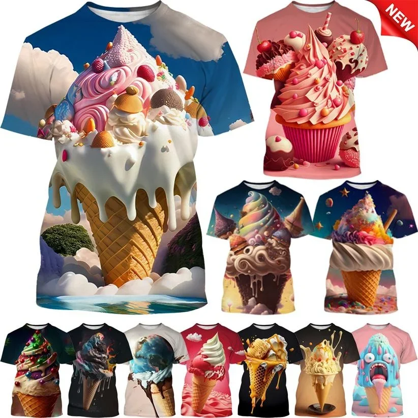 New Ice Cream 3D Printed T-shirt Cream Sundae Fashion Casual Tops for Men and Women Round Neck Short Sleeve