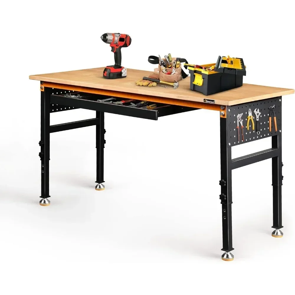 

60" Heavy-Duty Adjustable Workbench for Garage, Rubber Wood shop table