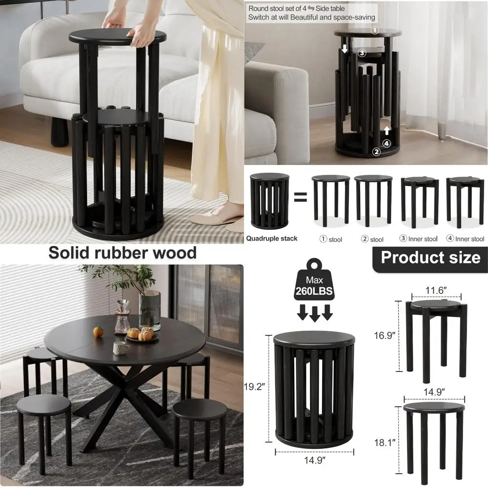 

Set of 4 Stackable Wooden Stools, 18 Inches Tall, Durable and Easy to Store, No Assembly Needed