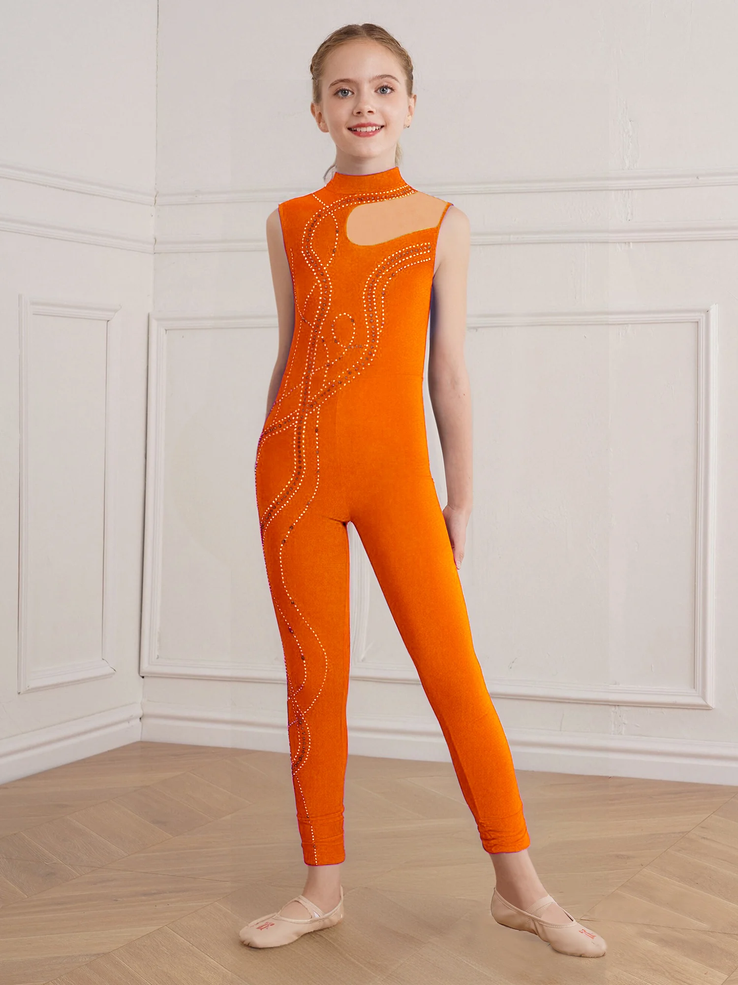 

Kids Girls Shiny Rhinestones Gymnastics Dance Jumpsuit Sleeveless Sheer Mesh Patchwork Full Body Bodysuit Figure Skating Costume