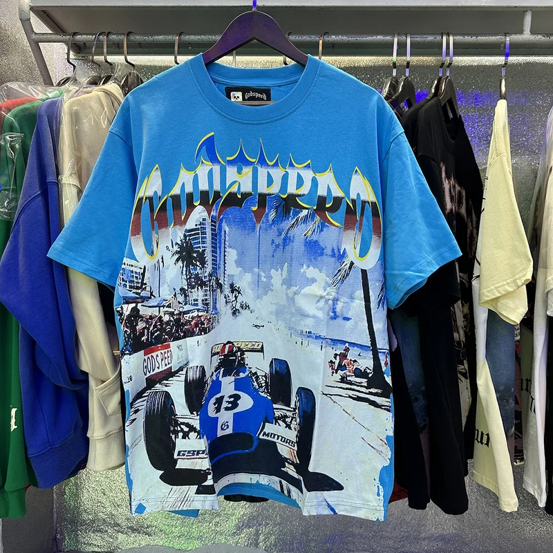 

Godspeed Loose Fit Cotton T-irt ort Sve Print Casual Summer Beach Road Racing Theme Street Sle Men's T-irt
