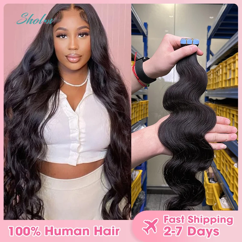 20pcs PU Tape in Hair Extensions Human Hair Body Wave for Black Women 20Inch Natural Black Tape ins Hair Extensions Virgin Hair