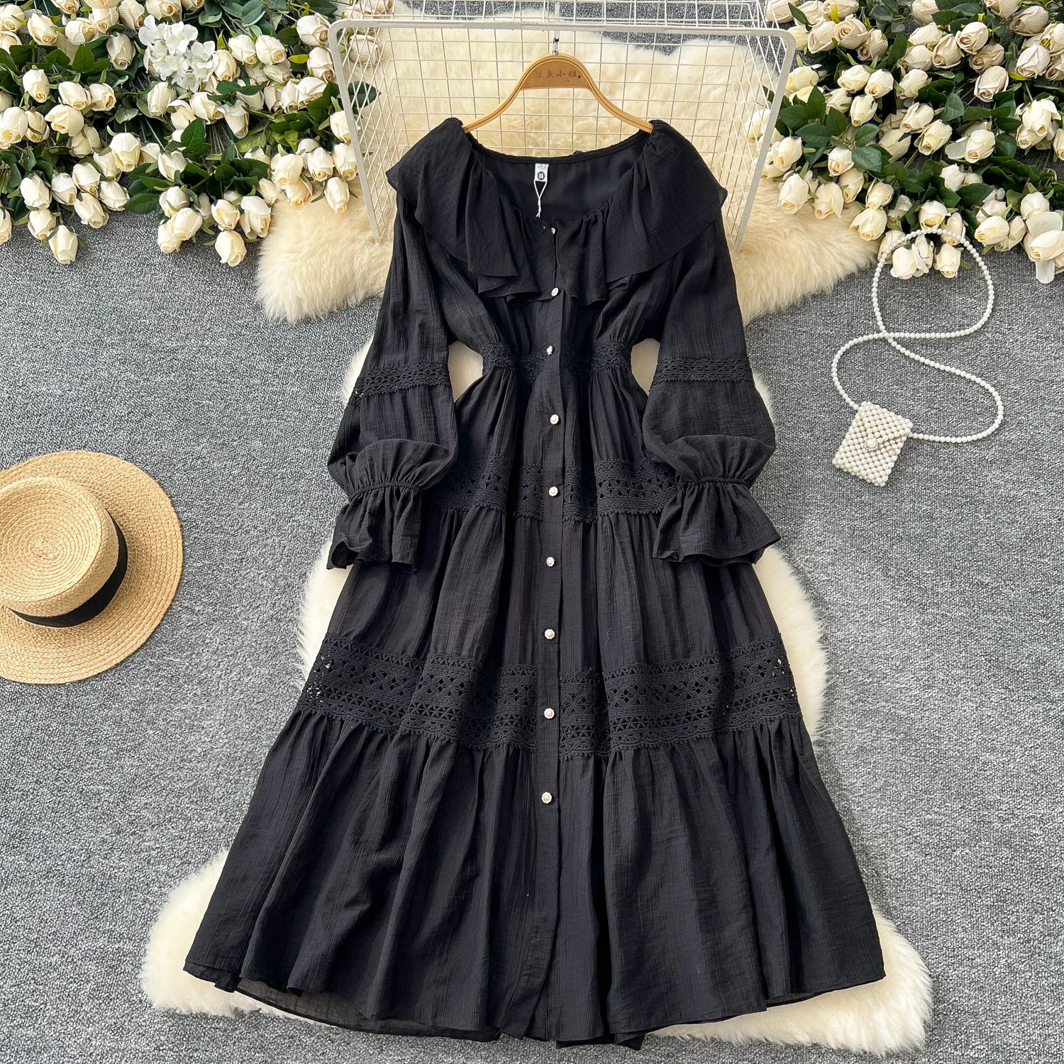 Chic French O-neck Spliced Elegant Ruffle Dress Single Breasted Flare Sleeve Vintage Lace Split Women Autumn Winter Clothing