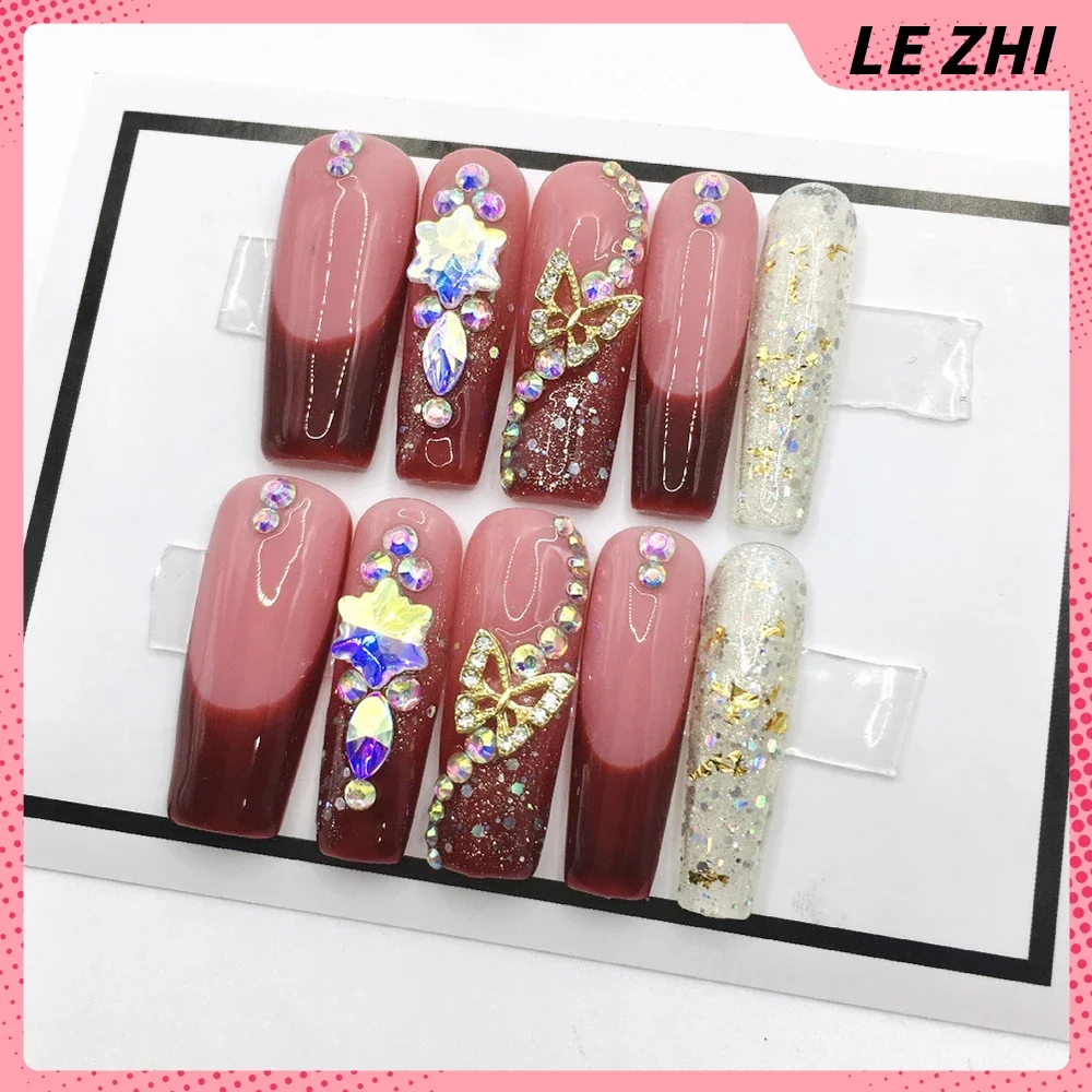 Kawaii Animal Spicy Girl Hot Sale Xxl Long Coffin Fake Nails Colourful Diamond Metal Butterfly Artificial False Nails