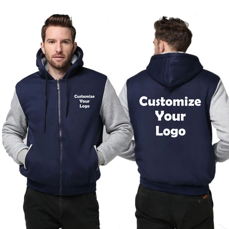 Customized Men's Jacket Winter Thicken Hooded Jackets Male Long Sleeve Coat Casual Zip Up Hoodies Streetwear Men's Coats
