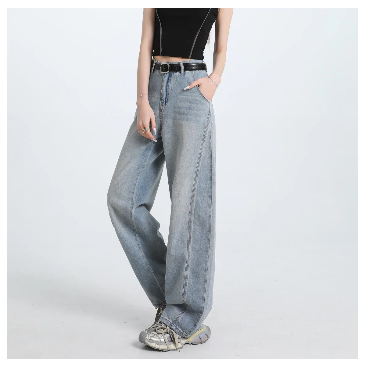 Jean à jambes larges pour femmes, taille haute, ample, Slim, Design, jambe droite, Style de rue, pantalon pour femmes