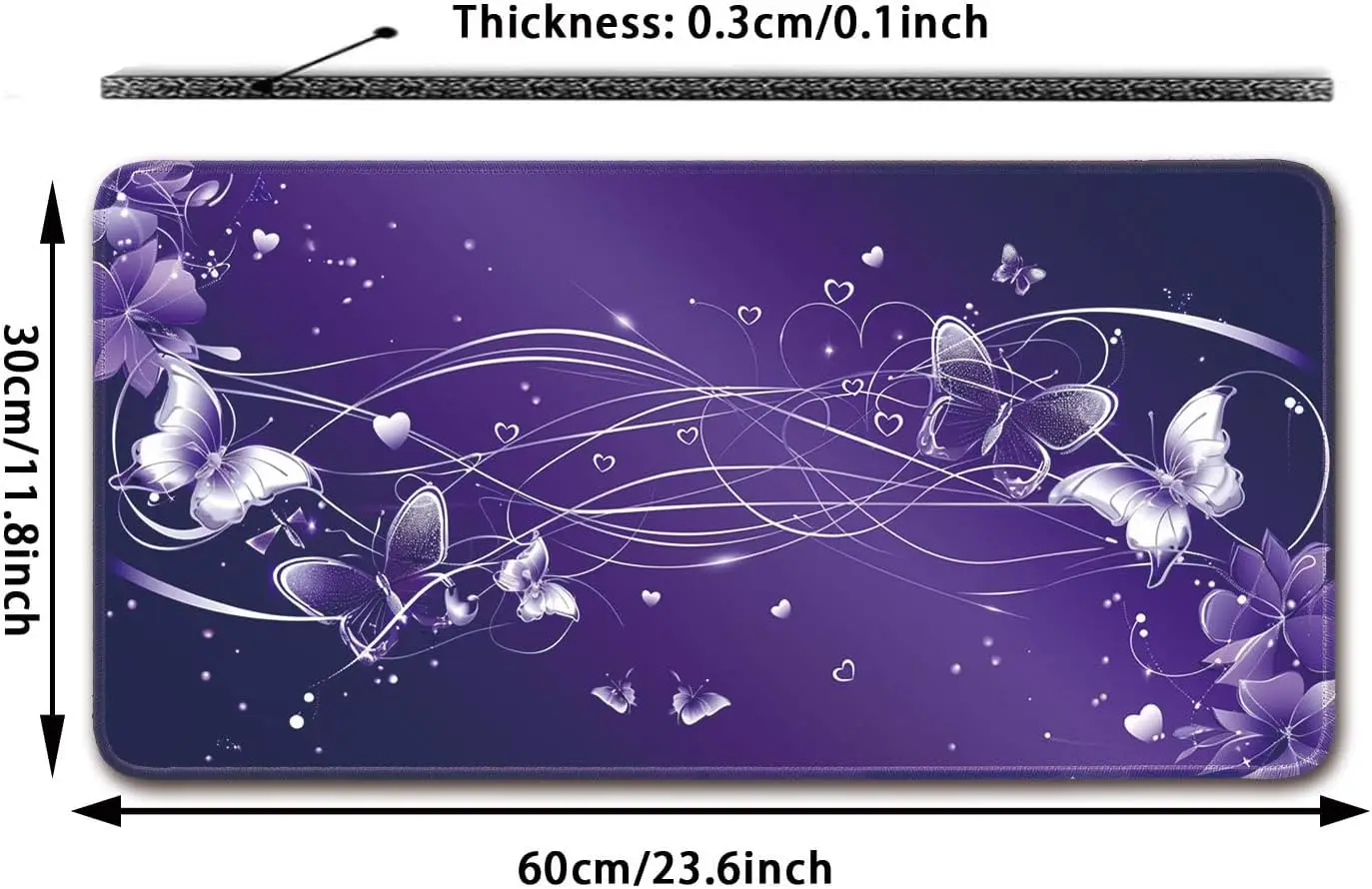 Shiny Silver Butterfly Large Desk Mouse Pad, Purple Background Heart Floral Glow Curve Art Print, Non‑Slip Mat For Gaming Office