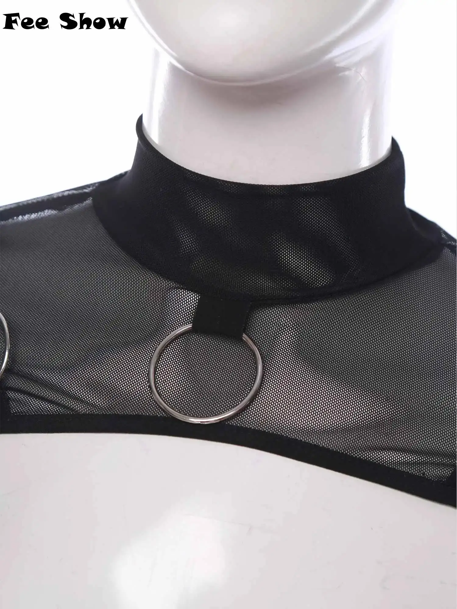 

Womens Mock Neck Long Sleeve O-Ring Decor T-Shirt See Through Mesh Half Crop Top Party Stage Performance Clubwear