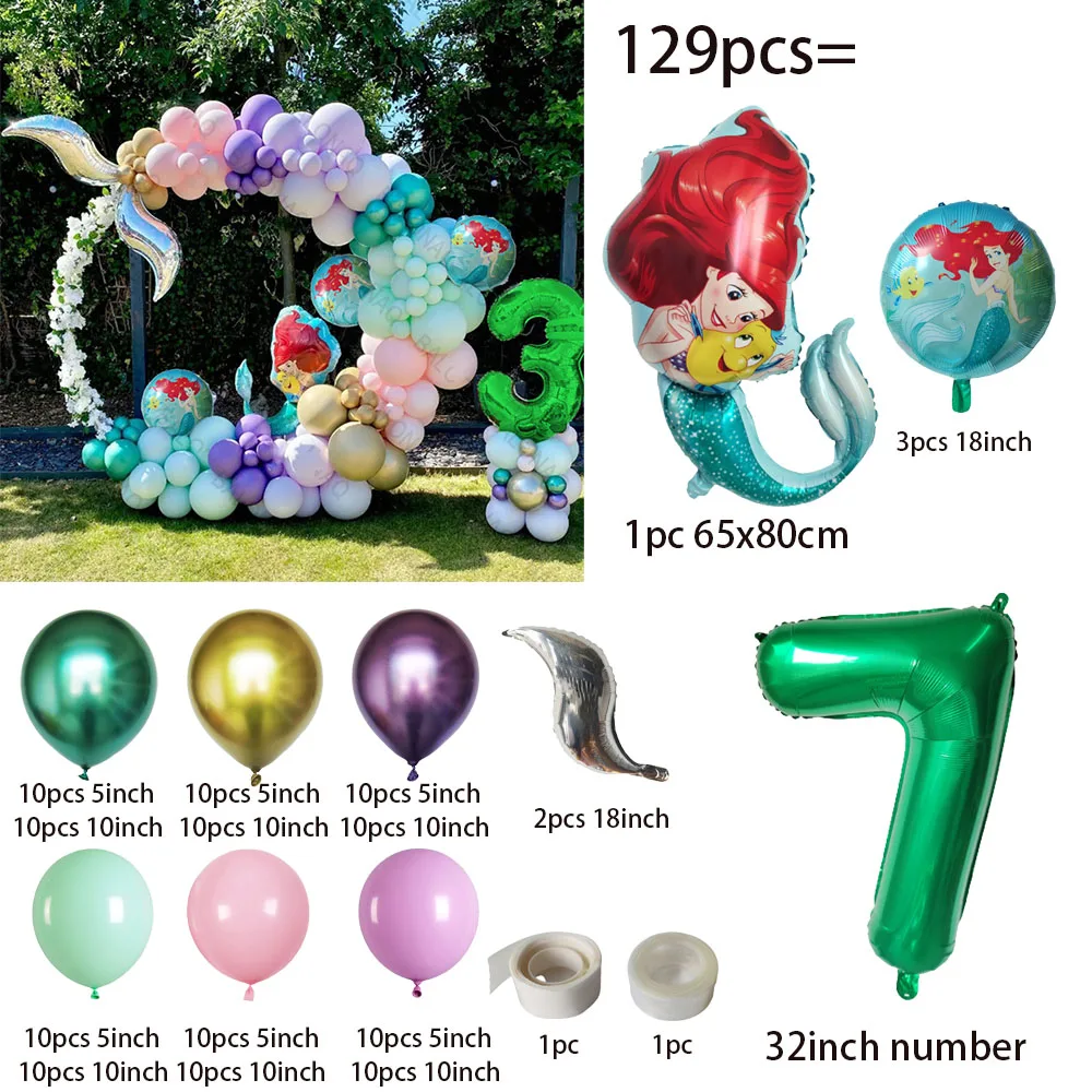 129Pcs Green Mermaid Theme Shell Balloon Arch Kids Girl Birthday Decoration Baby Shower Under The Sea Mermaid Wedding Supplies