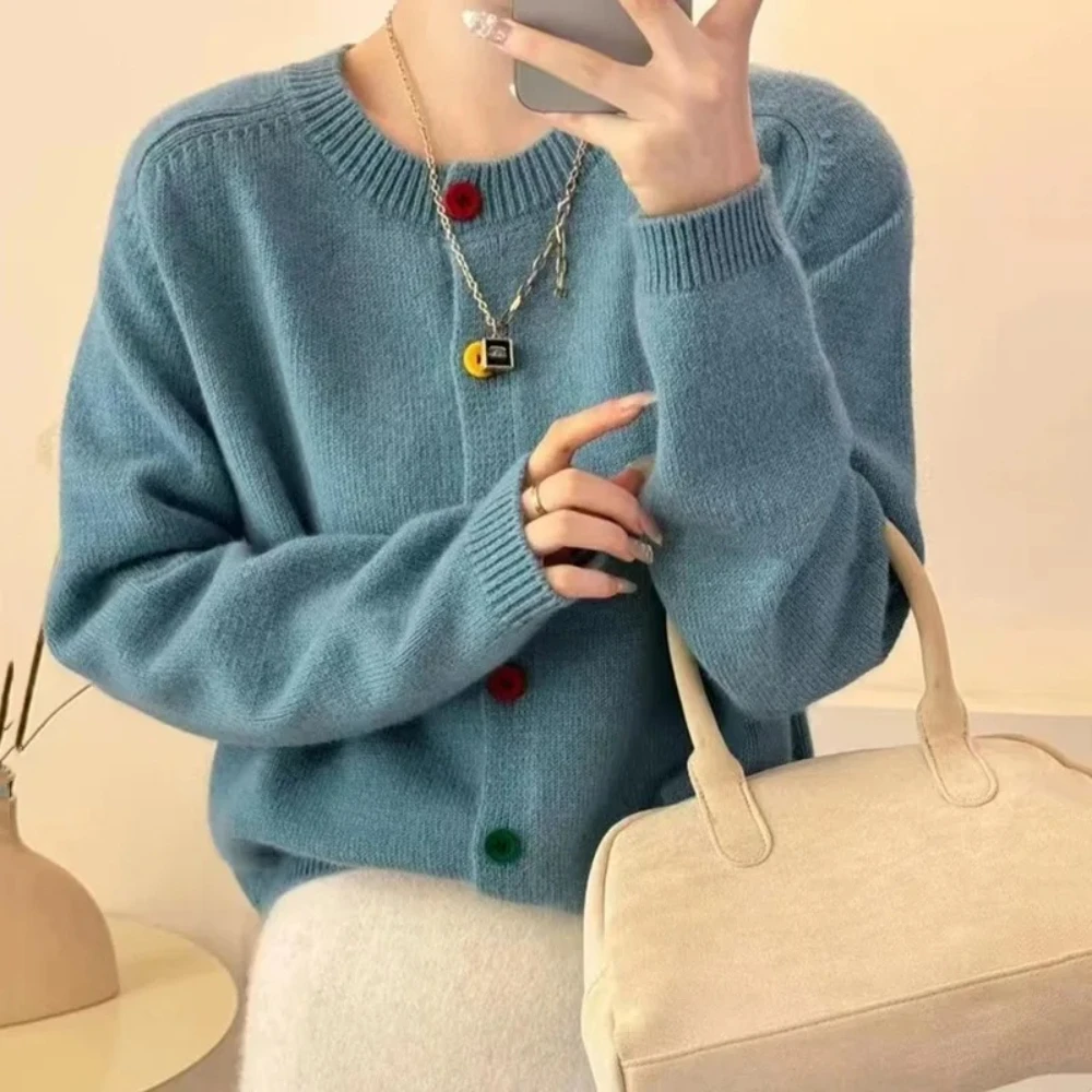 

Multi Color Button Long Sleeve Loose Knitted Sweater Coats Autumn Winter Female O-Neck Baggy Korean Knitwear Cardigans