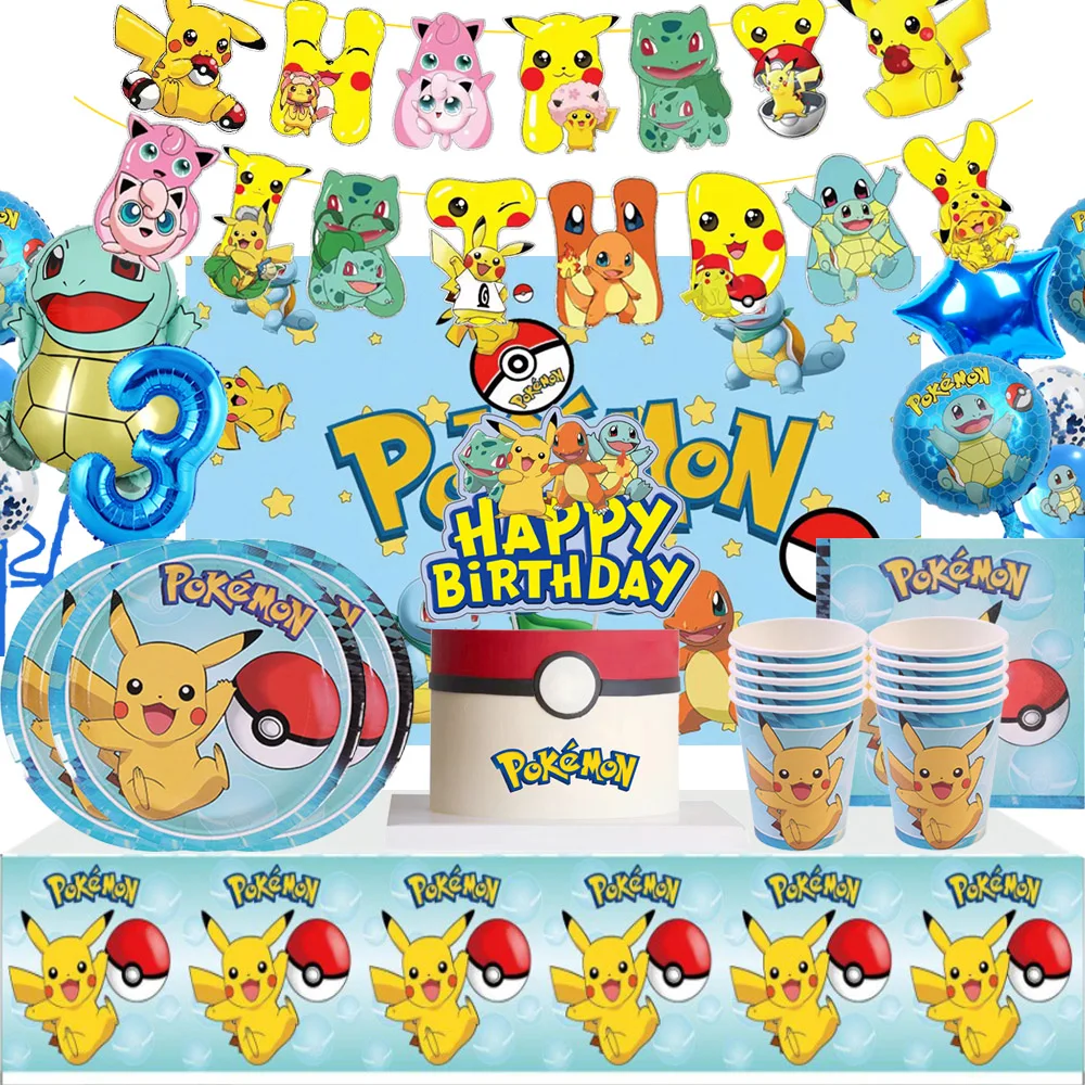 Pokemon Themed Birthday Party Decoration Pikachu Balloons Disposable Tableware Children\'s Party Supplies Customizable Background