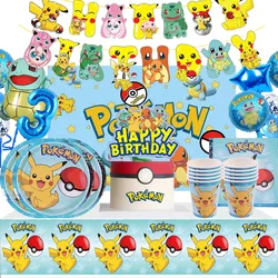 Pokémon Themed Birthday Party Decoration, balões Pikachu, talheres descartáveis, suprimentos para festas infantis, fundo personalizável