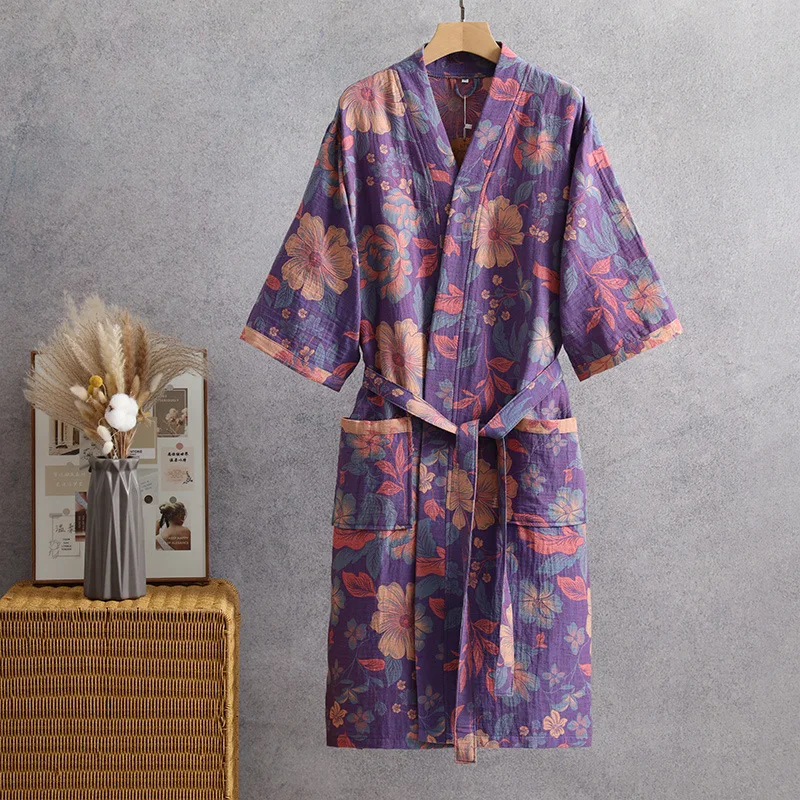 

Female Japanese Retro Kimono Bathrobe Gown Yukata Print Flower Cotton Gauze Robe Sleepwear Loose Casual Home Dress Loungewear