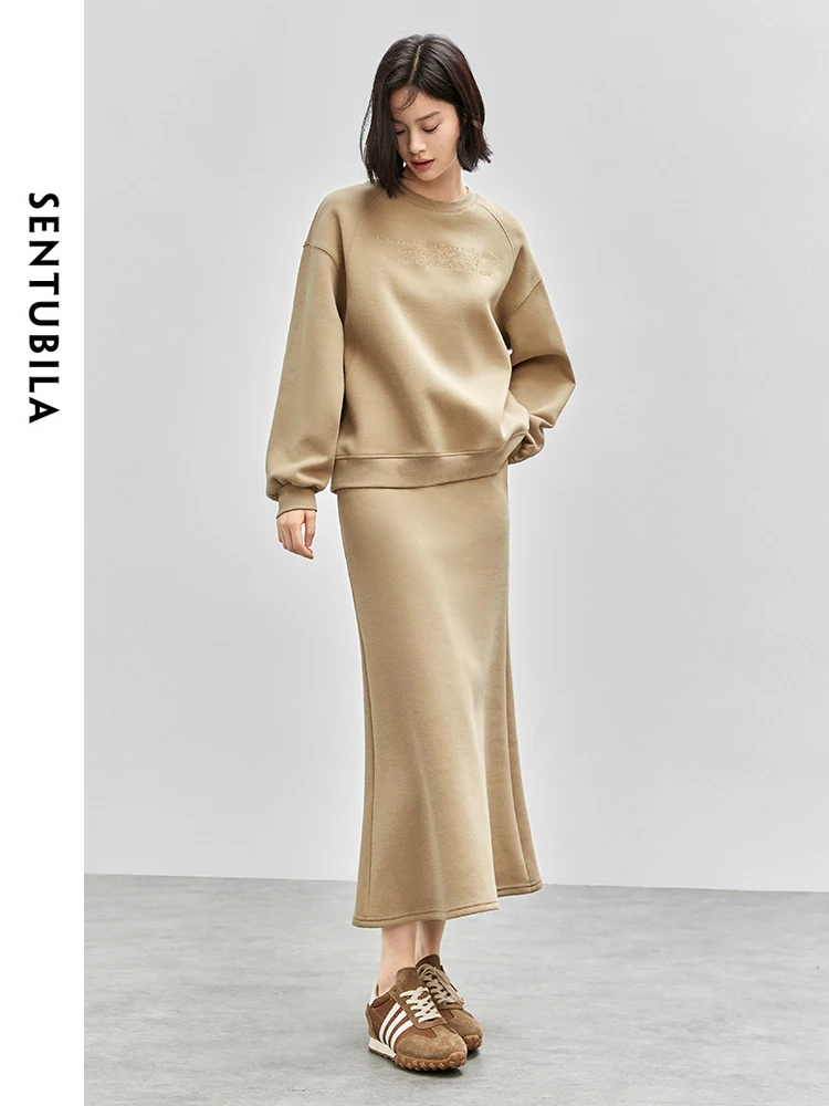 SENTUBILA Women Cotton Sweatshirt Set 2024 Autumn Letter Embroidery Tops Fashion Mermaid Skirt 2 Piece Set Match Set 143Z56391