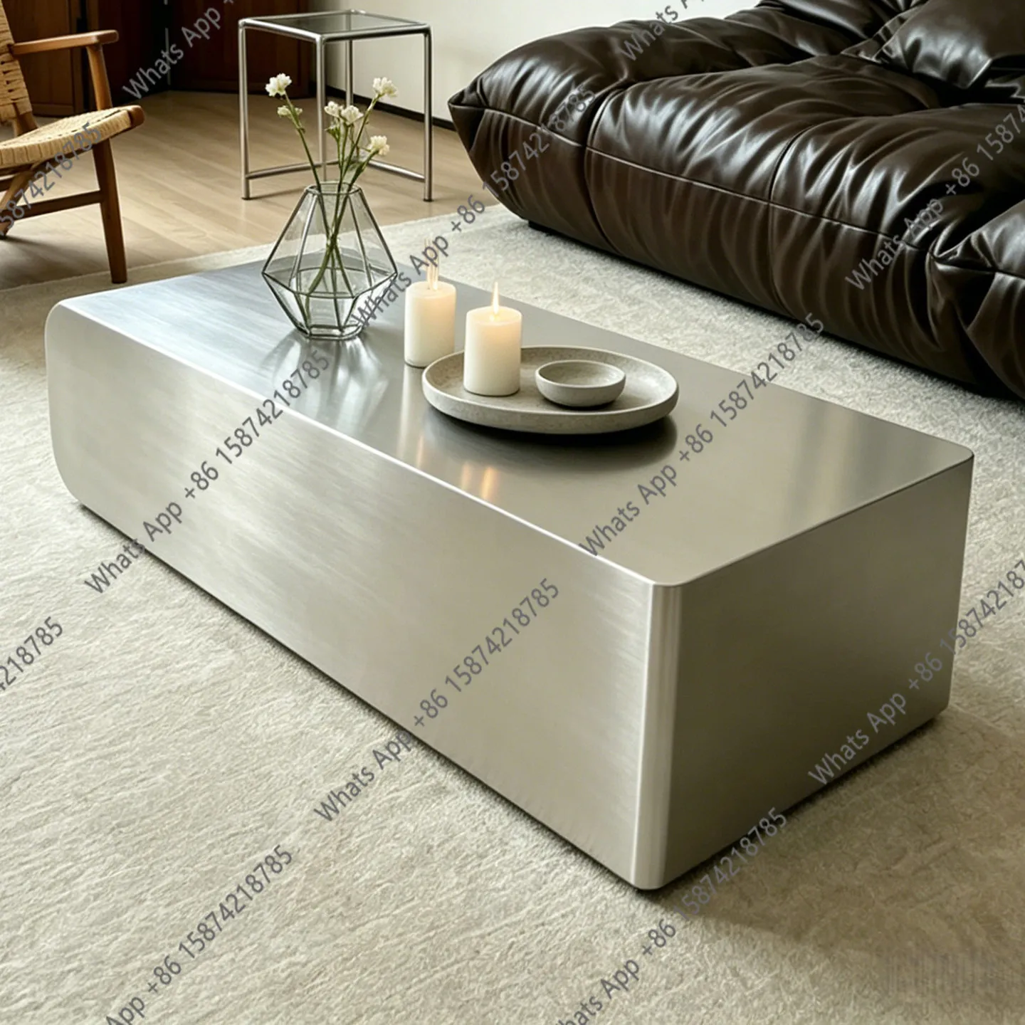 

Stainless steel brushed silver coffee table minimalist Bauhaus style living room coffee table special-shaped coffee table