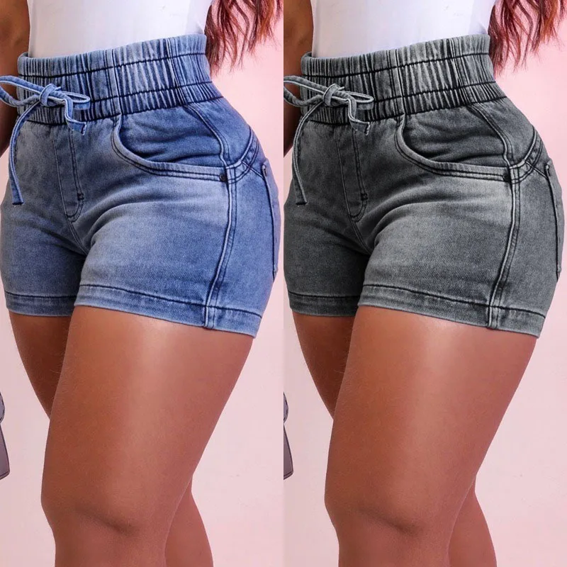 Dongcmy moda de luxo magro primavera/verão novo fino denim shorts feminino cintura alta cintura elástica rendas calças quentes