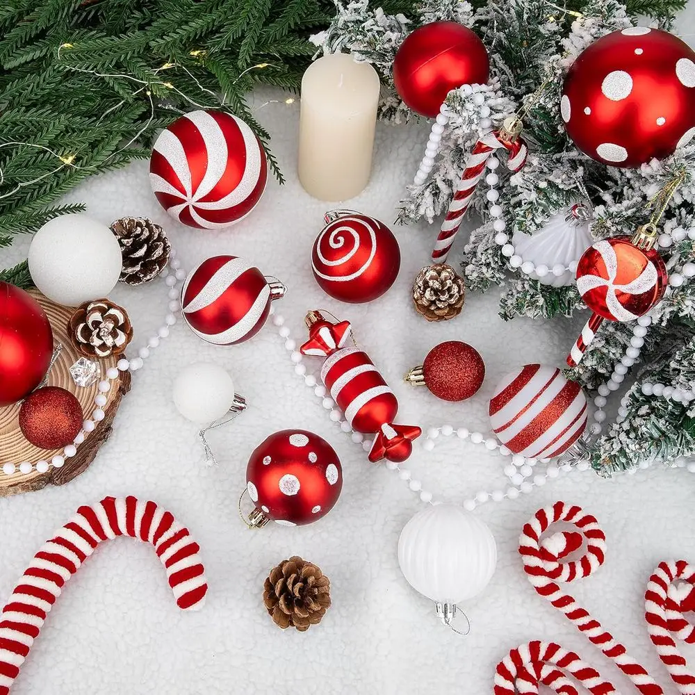 Conjunto de enfeites de árvore de Natal com tema de bastão de doces de 88 peças com pirulito, fita e bolas inquebráveis para decoração festiva de férias