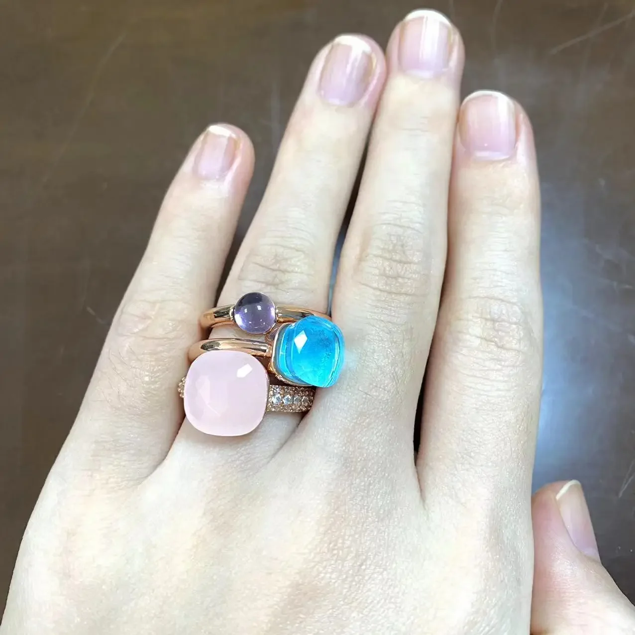 3Pcs/Set Classic Ring Set Three Size Stone Candy Color Crystal Stacked Rose Gold Plated Nudo Rings Inlay Zircon Jewelry