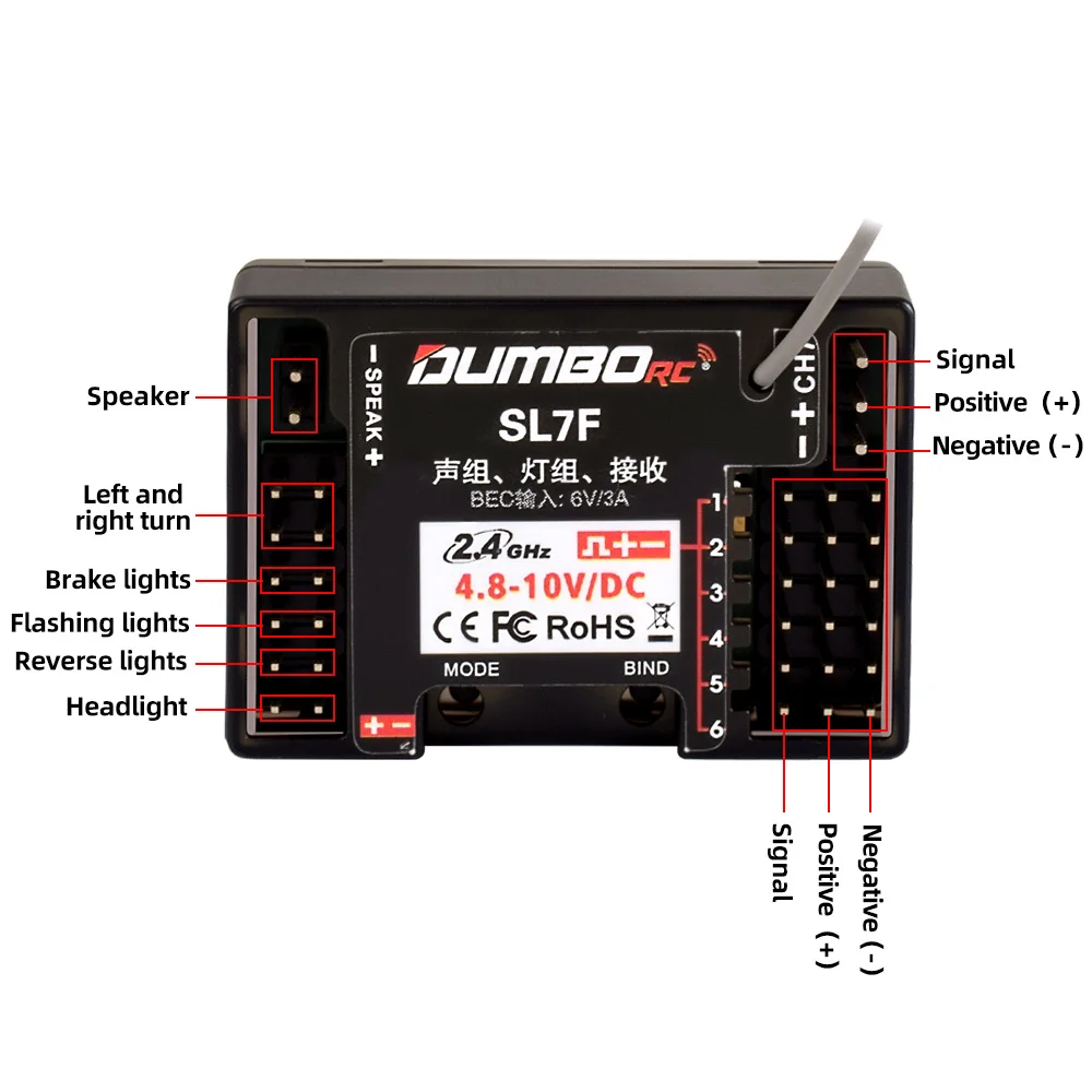DumboRC 2,4GHz SL7F-ontvanger met Gyro BEC 6V/3A voor alle DumboRC-zenders