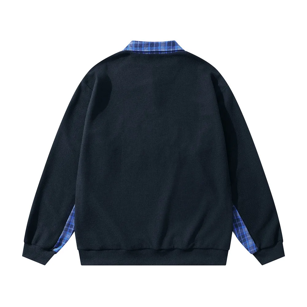 MWJLPWQ Patchwork Plaid Sweatshirt For Men American Trendy Vibe Letter Patches Embroidery Design Loose Fit Polo Tops New 20092