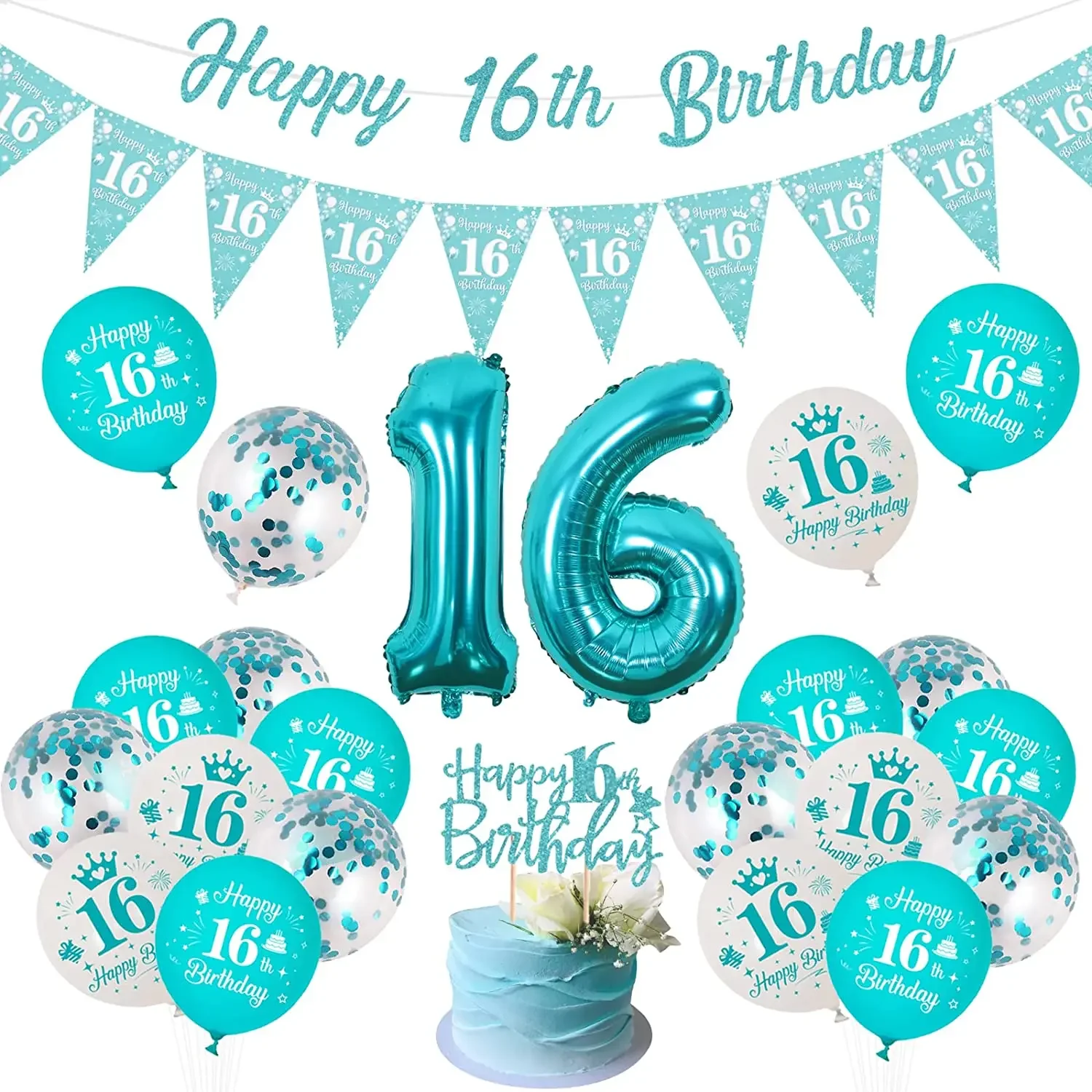 

Teal Birthday Party Decoration, Turquoise Bunting Banner, Blue Confetti Balloons, Sweet Sixteen 16 Birthday Supplies