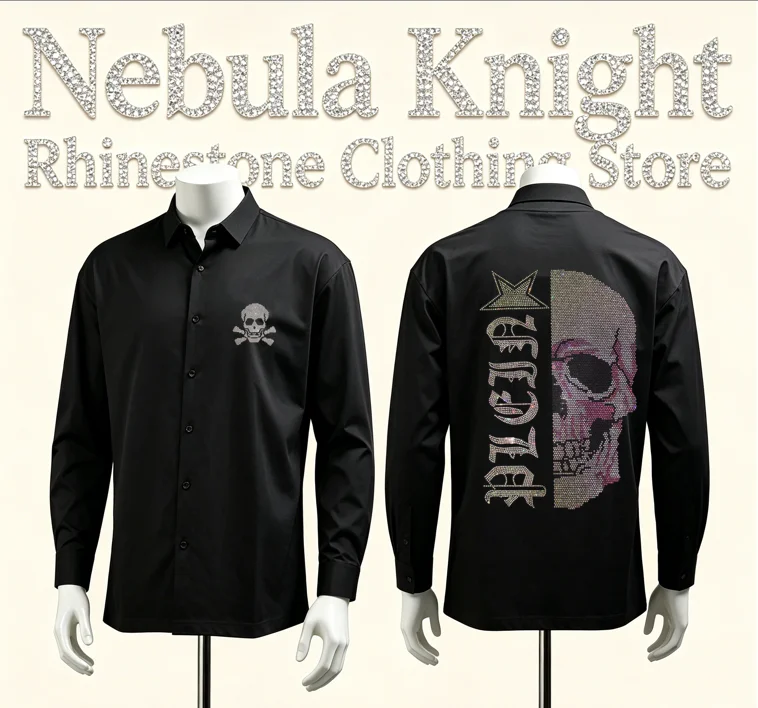 Luxury Men High Street Fashion Long Sleeve Shirt Rhinestone Skull Back Embellished Slim Fit Lapel Black Shirt