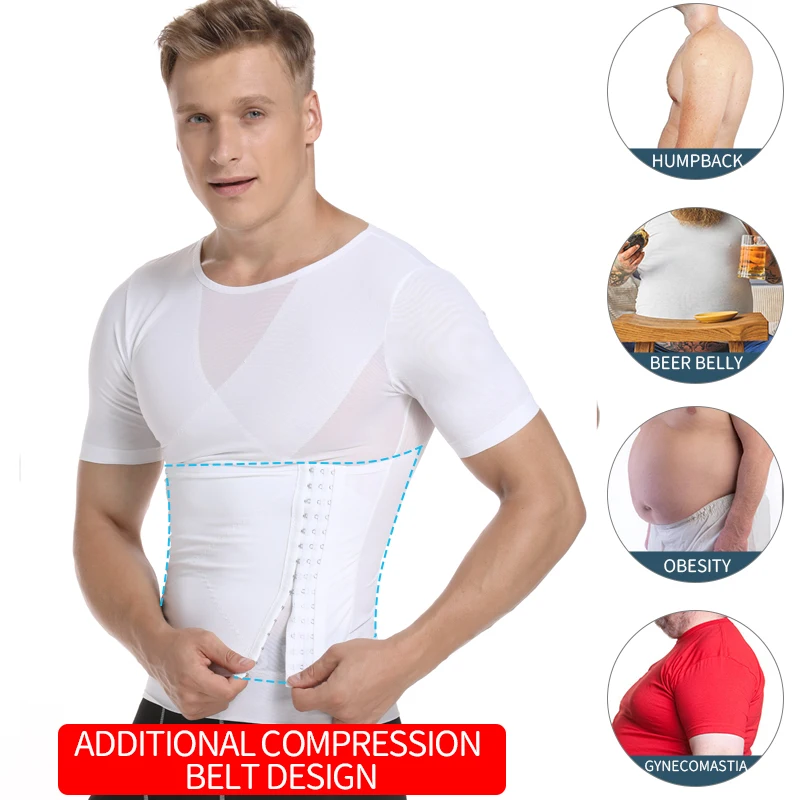 Compression T-shirt Men White Short Sleeve Waist Trainer Body Shaper Tummy Slimming Sheath Abdomen Shapewear Corset Belly Faja