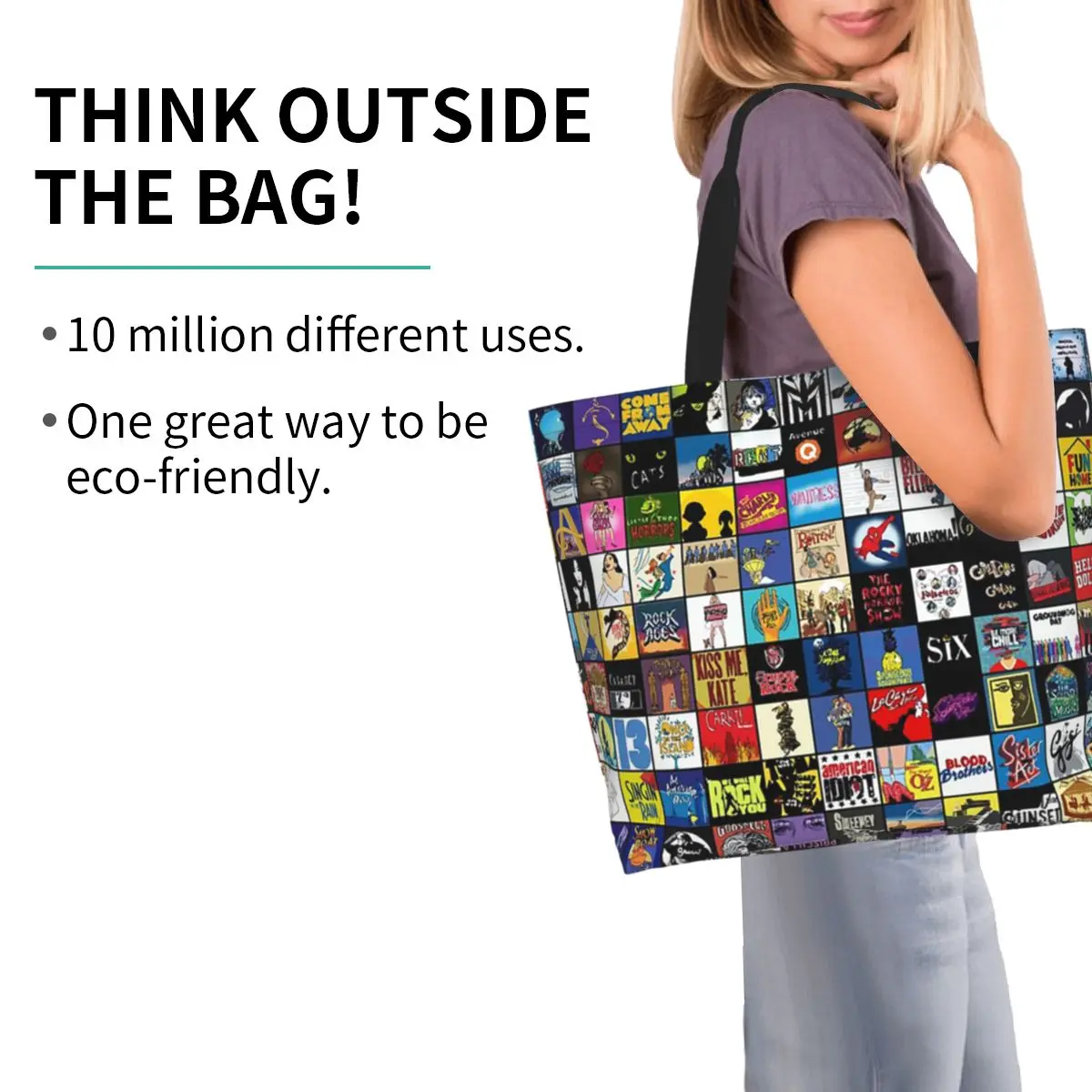 Broadway Musical Theatre Logos Handgezeichnete Einkaufstasche aus Segeltuch, große Kapazität, Umhängetasche, Shopper, Lebensmittelhandtasche für Damen