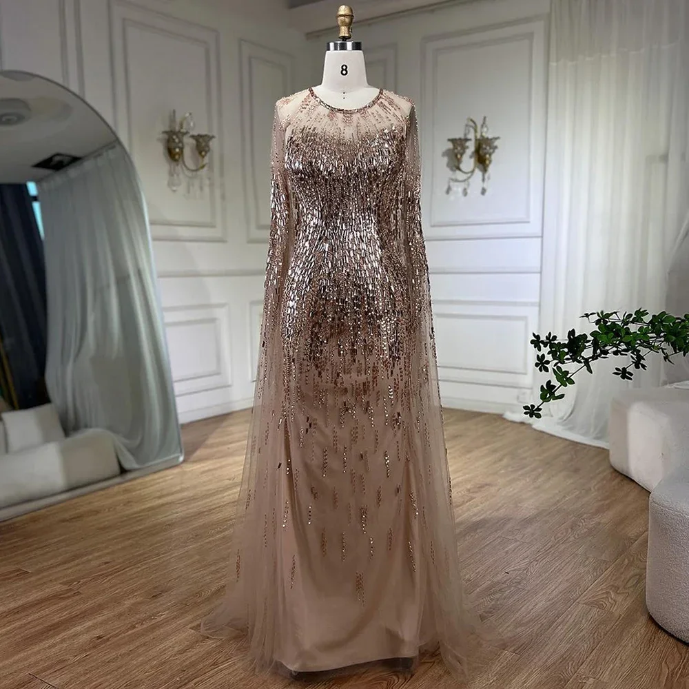 SERENE HILL Customized Luxury Gold Cape Sleeves Evening Dress Gown 2025 Mermaid Luxury Beaded  Women Wedding Party CLA71416