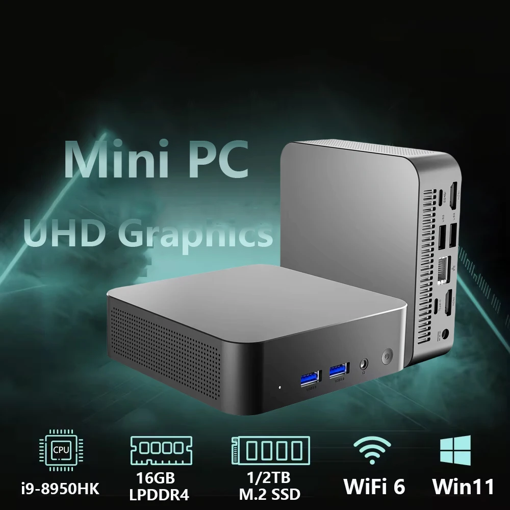 Игровой мини-ПК Intel Core i9- 8950HK, Windows 11 Pro, 16 ГБ DDR4, 1 ТБ, 2 ТБ M.2 SSD, UHD Graphics 1000 Мбит/с, Ethernet, мини-ПК